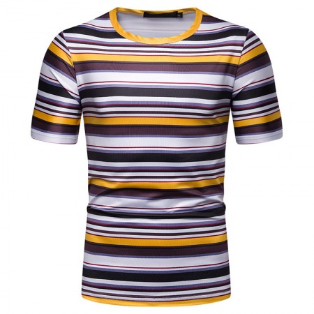 New Summer Men's Short-Sleeved T-Shirt Contrast Striped Slim Casual T-Shirt
