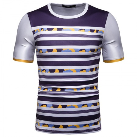 New Summer Men's Short-Sleeved T-Shirt Contrast Striped Slim Casual T-Shirt